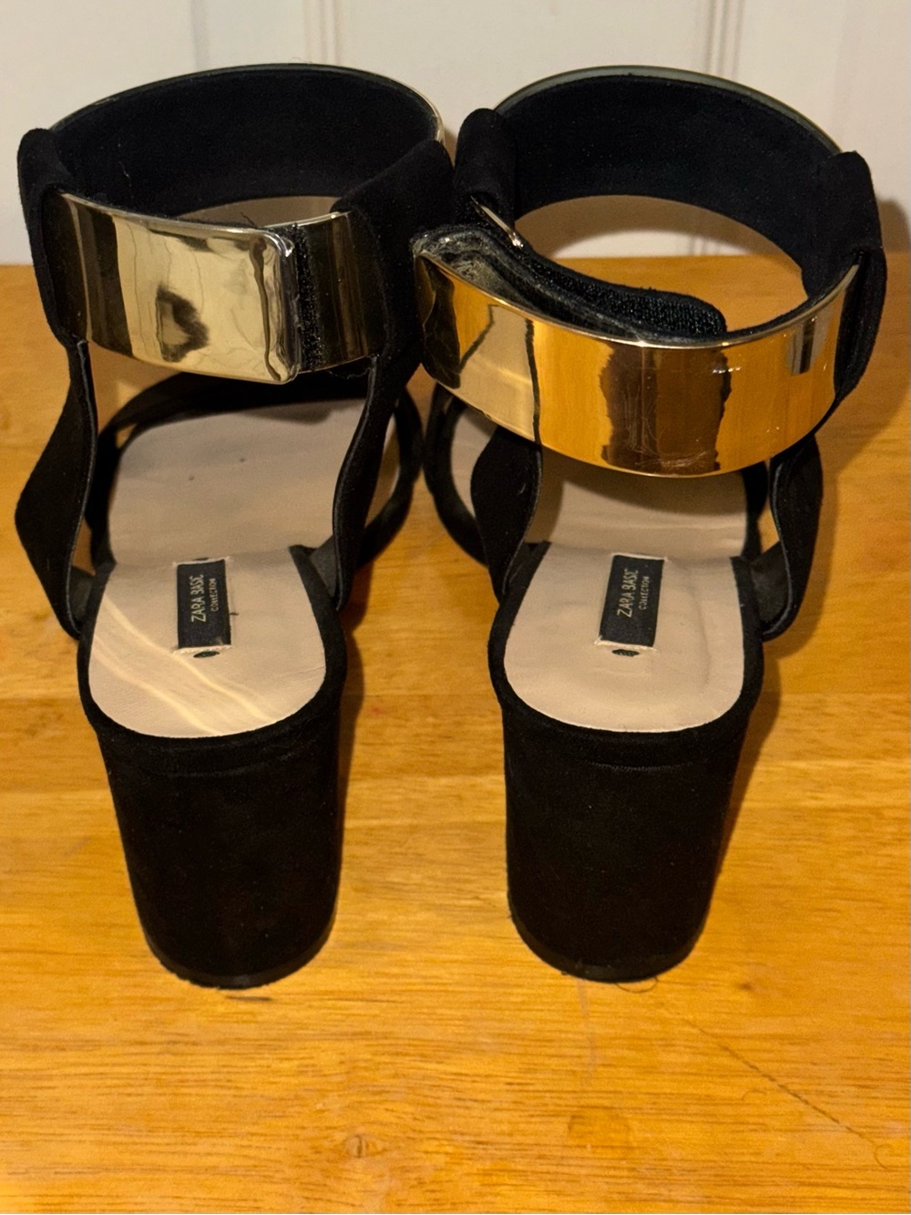 ZARA Black Faux Suede Gold Cuff Block Heels Sandals Size EU 38 (US 7.5) - Picture 4 of 8
